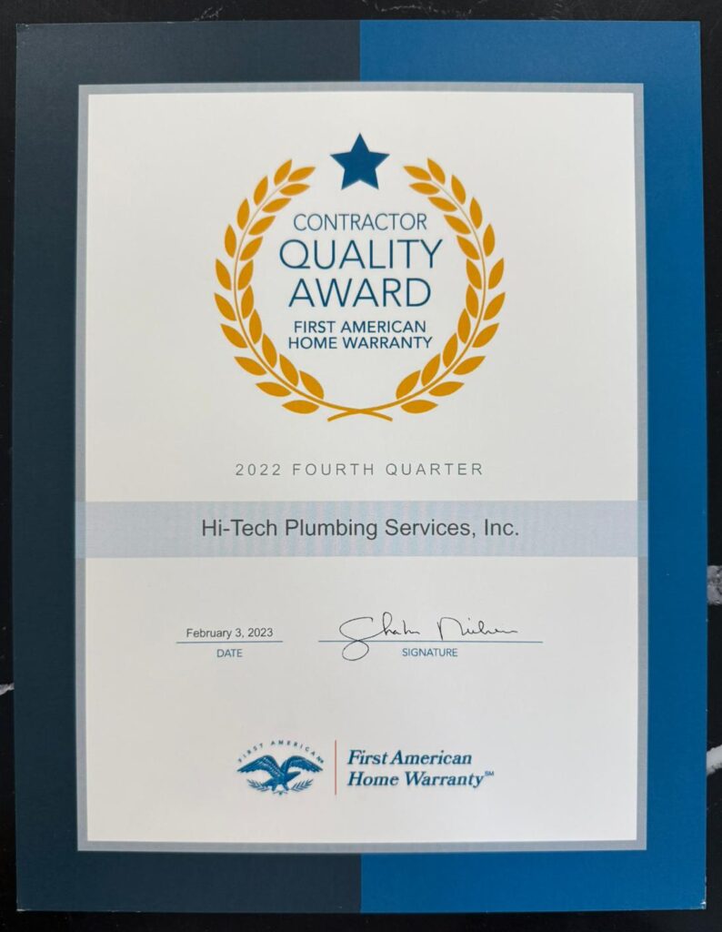 Contiractor Quality Award 2022 Hi-Tech Plumbing