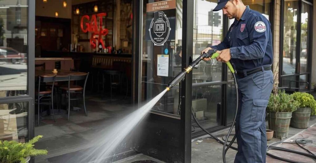 Home 5 Licensed commercial plumber performing grease trap cleaning and hydrojetting service at Van Nuys restaurant on Victory Boulevard
