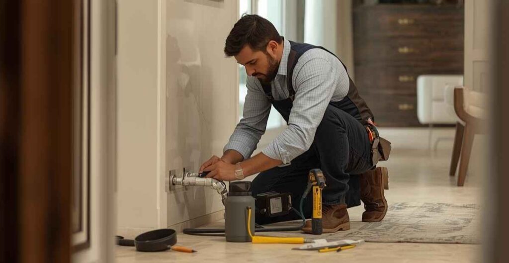 Licensed plumber performing emergency pipe repair at Toluca Lake upscale home on Bob Hope Road with professional expertise