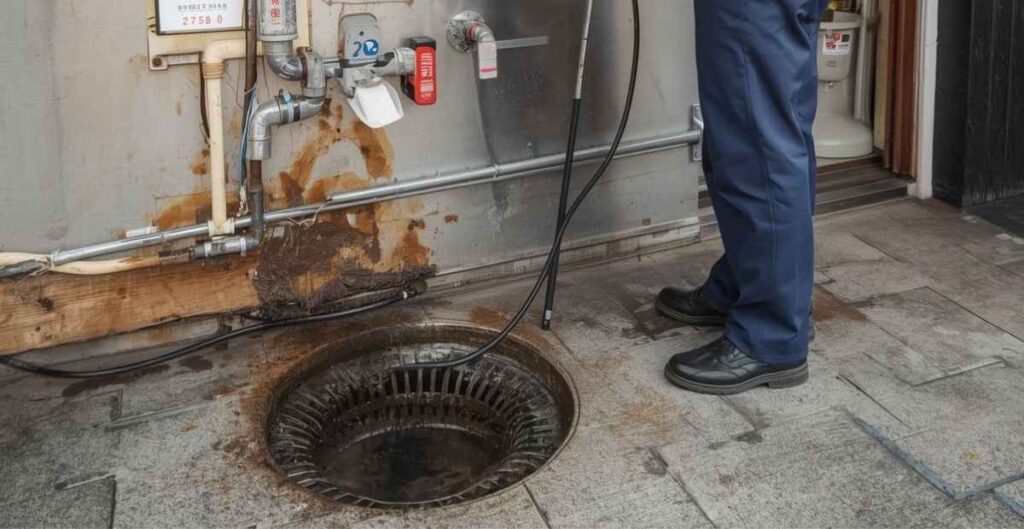 Licensed plumber performing grease trap cleaning and commercial plumbing service at Korean restaurant in Koreatown on Wilshire Boulevard