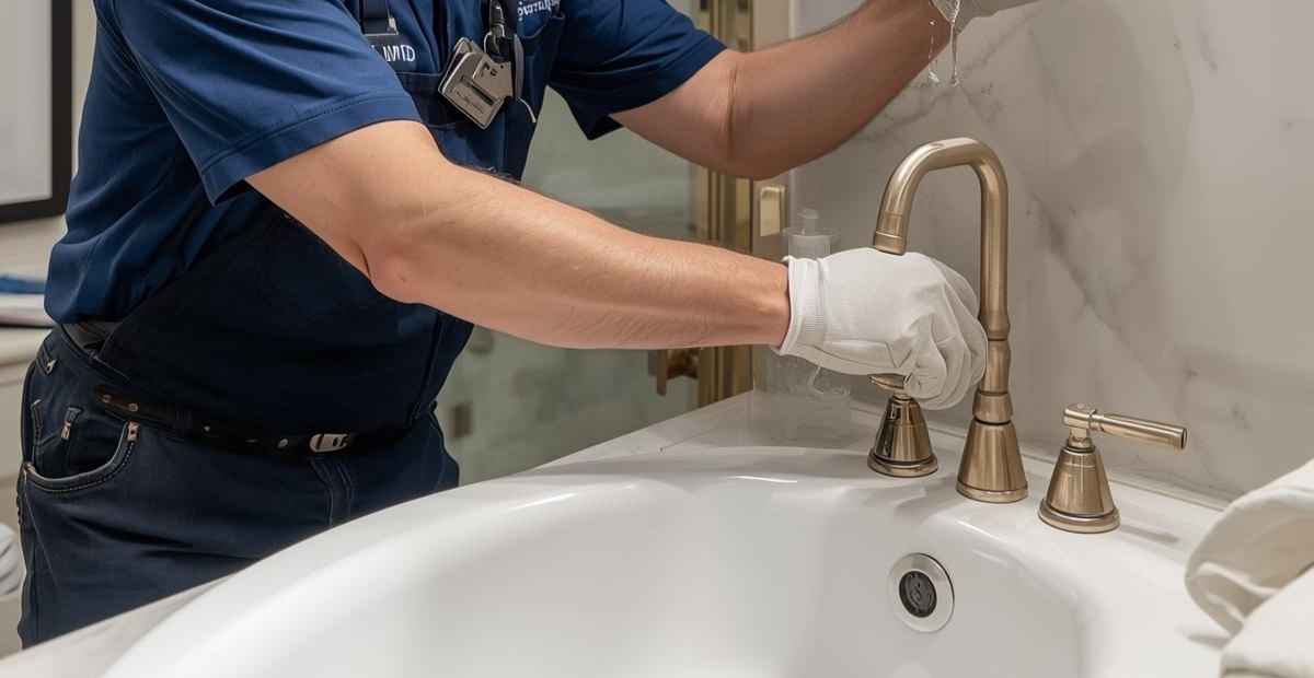 Licensed plumber performing sophisticated water system repair at luxury Brentwood home near Sunset Boulevard with premium fixtures