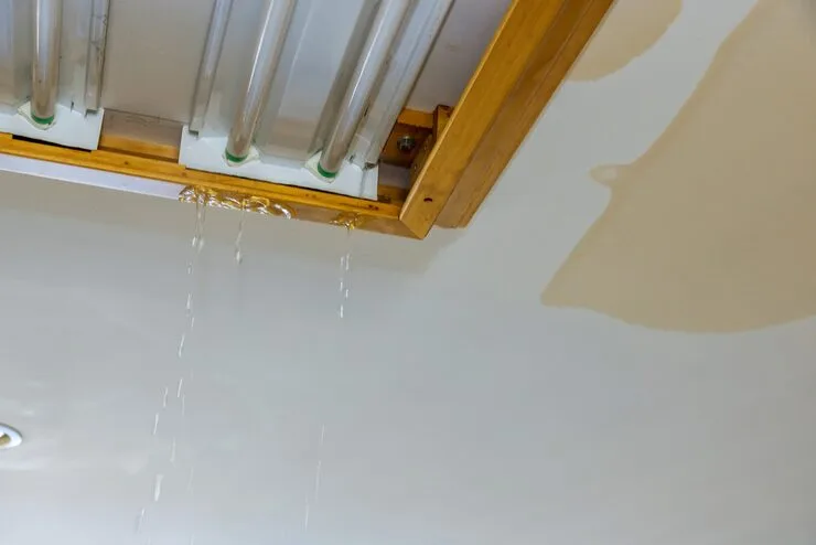 Home 18 Water leaking from ceiling near exposed ceiling framing and pipes